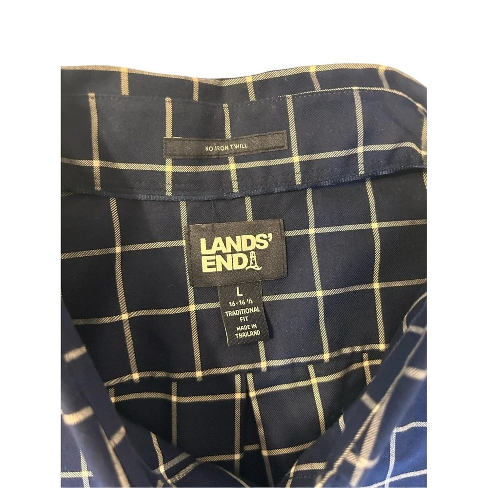 Lands' End Navy and White Windowpane No Iron Cotton Twill Shirt‎ Size Large